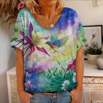 Ljetna majica kratkih rukava s cvjetnim motivima i pticama s 3D printom Ženske majice s cvijećem V-izrezom Ulična odjeća Ženske majice Harajuku Y2k Cool majice za djevojke
