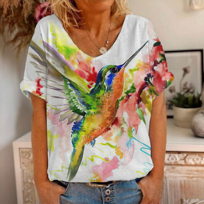 Ljetna majica kratkih rukava s cvjetnim motivima i pticama s 3D printom Ženske majice s cvijećem V-izrezom Ulična odjeća Ženske majice Harajuku Y2k Cool majice za djevojke