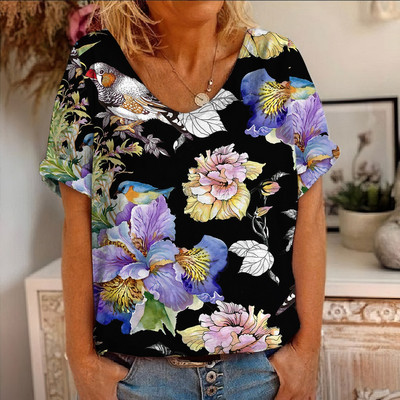 Ljetna majica kratkih rukava s cvjetnim motivima i pticama s 3D printom Ženske majice s cvijećem V-izrezom Ulična odjeća Ženske majice Harajuku Y2k Cool majice za djevojke