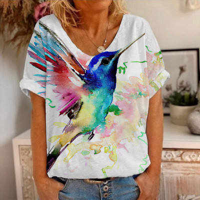 Ljetna majica kratkih rukava s cvjetnim motivima i pticama s 3D printom Ženske majice s cvijećem V-izrezom Ulična odjeća Ženske majice Harajuku Y2k Cool majice za djevojke