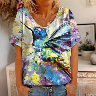 Ljetna majica kratkih rukava s cvjetnim motivima i pticama s 3D printom Ženske majice s cvijećem V-izrezom Ulična odjeća Ženske majice Harajuku Y2k Cool majice za djevojke