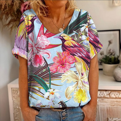 Ljetna majica kratkih rukava s cvjetnim motivima i pticama s 3D printom Ženske majice s cvijećem V-izrezom Ulična odjeća Ženske majice Harajuku Y2k Cool majice za djevojke