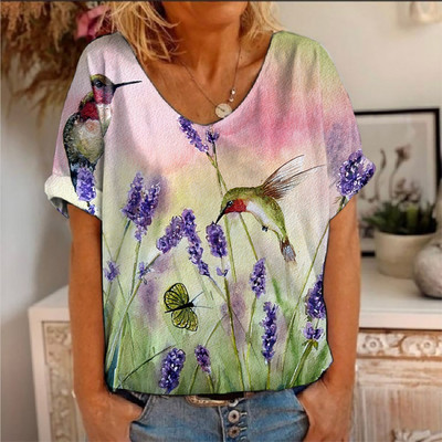 Ljetna majica kratkih rukava s cvjetnim motivima i pticama s 3D printom Ženske majice s cvijećem V-izrezom Ulična odjeća Ženske majice Harajuku Y2k Cool majice za djevojke