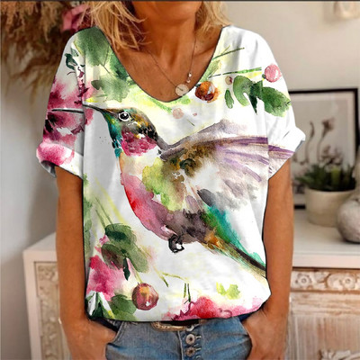 Ljetna majica kratkih rukava s cvjetnim motivima i pticama s 3D printom Ženske majice s cvijećem V-izrezom Ulična odjeća Ženske majice Harajuku Y2k Cool majice za djevojke