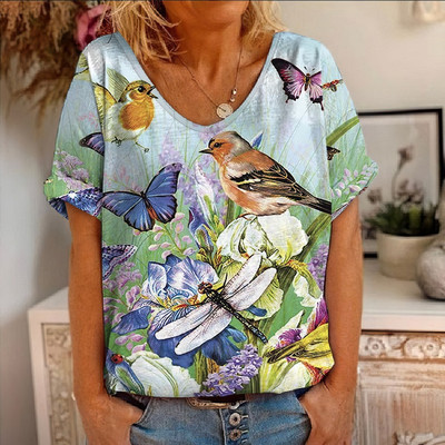 Ljetna majica kratkih rukava s cvjetnim motivima i pticama s 3D printom Ženske majice s cvijećem V-izrezom Ulična odjeća Ženske majice Harajuku Y2k Cool majice za djevojke
