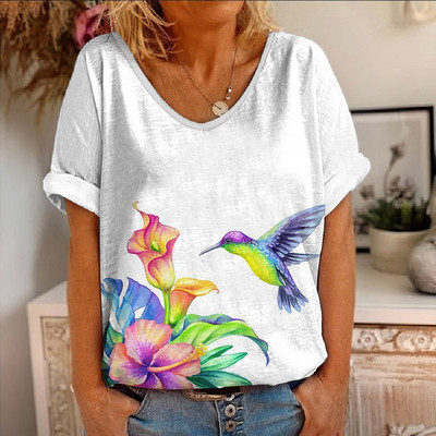 Ljetna majica kratkih rukava s cvjetnim motivima i pticama s 3D printom Ženske majice s cvijećem V-izrezom Ulična odjeća Ženske majice Harajuku Y2k Cool majice za djevojke