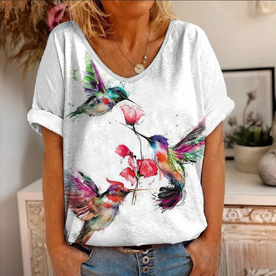 Ljetna majica kratkih rukava s cvjetnim motivima i pticama s 3D printom Ženske majice s cvijećem V-izrezom Ulična odjeća Ženske majice Harajuku Y2k Cool majice za djevojke
