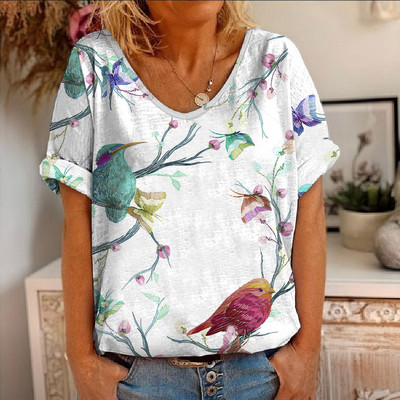 Ljetna majica kratkih rukava s cvjetnim motivima i pticama s 3D printom Ženske majice s cvijećem V-izrezom Ulična odjeća Ženske majice Harajuku Y2k Cool majice za djevojke