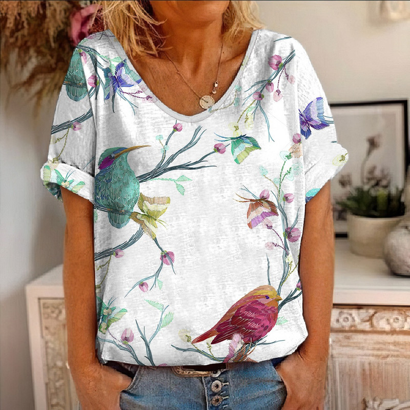 Ljetna majica kratkih rukava s cvjetnim motivima i pticama s 3D printom Ženske majice s cvijećem V-izrezom Ulična odjeća Ženske majice Harajuku Y2k Cool majice za djevojke