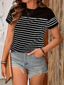 Pulover de vară cu mâneci scurte în dungi în contrast, nou pulover cu gât rotund pentru un top pentru reducerea vârstei, tricou casual pentru slăbit pentru femei, în negru