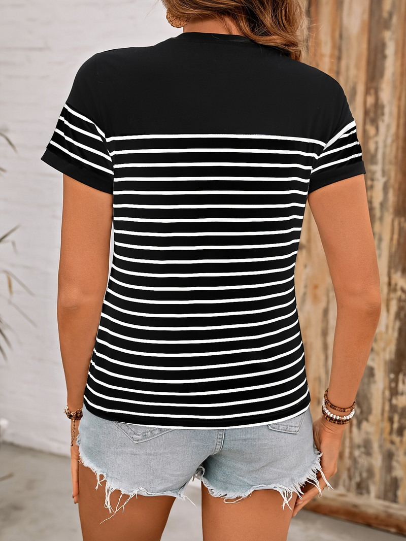 Pulover de vară cu mâneci scurte în dungi în contrast, nou pulover cu gât rotund pentru un top pentru reducerea vârstei, tricou casual pentru slăbit pentru femei, în negru