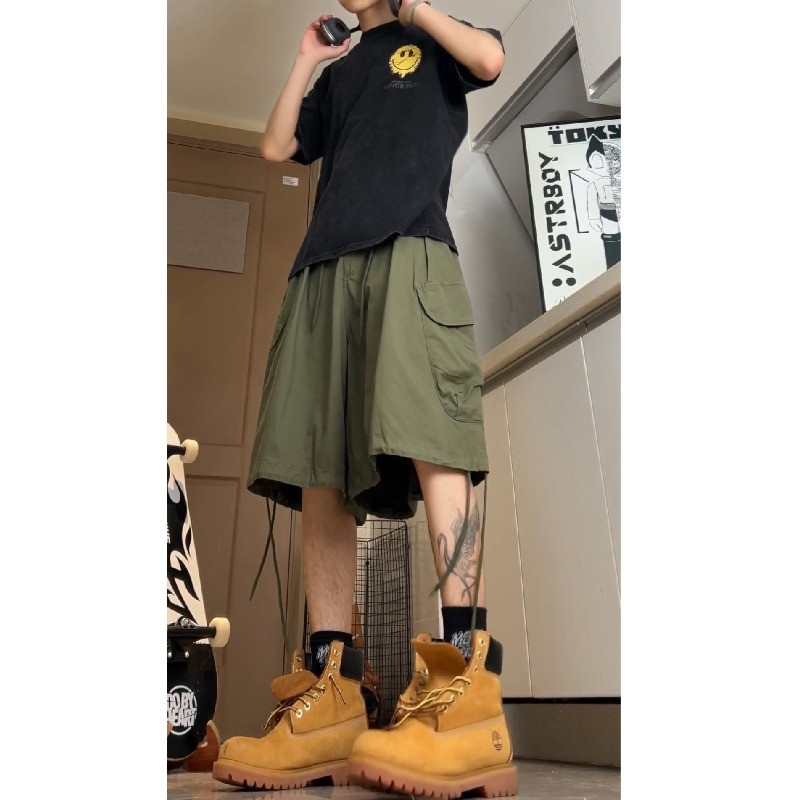 Vară 2024, de înaltă calitate, pentru bărbați, verde armat, pantaloni scurți cu buzunare mari, pantaloni largi, cu picioare largi, pantaloni casual, îmbrăcăminte de lucru, pantaloni capris