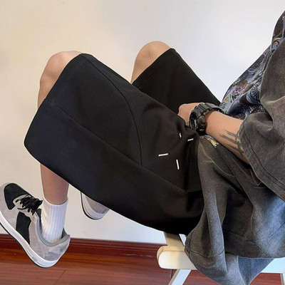 Vabaaja lühikesed püksid Meeste Tänav Vintage avara mood tikandiga lühikesed püksid Mees 2024 Suvine kõrge vöökohaga nöör Korea tänavarõivaste poiss