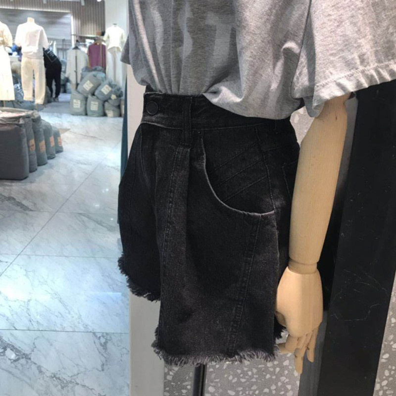 Μαύρο τζιν σορτς για γυναικείο καλοκαίρι 2024 Νέο ψηλόμεσο φαρδύ παντελόνι με φαρδύ πόδι από ακατέργαστη άκρη μεγάλου μεγέθους, ευέλικτο, λεπτό Hotpants S-5XL