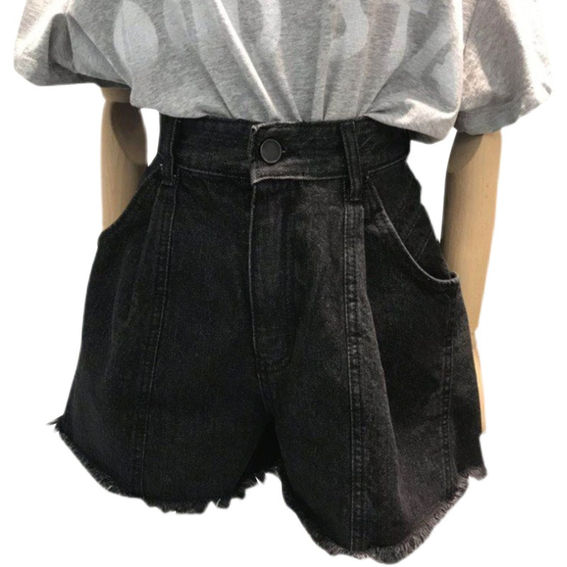 Μαύρο τζιν σορτς για γυναικείο καλοκαίρι 2024 Νέο ψηλόμεσο φαρδύ παντελόνι με φαρδύ πόδι από ακατέργαστη άκρη μεγάλου μεγέθους, ευέλικτο, λεπτό Hotpants S-5XL