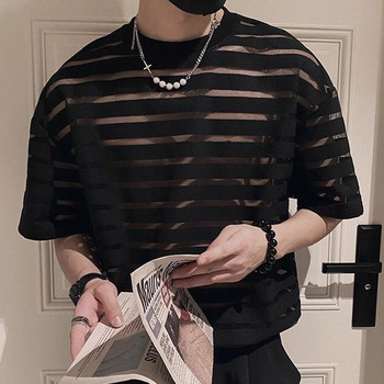 2023 Мъжка тениска с мрежесто раирано О-образно деколте и къс ръкав, прозрачно мъжко облекло, улично облекло, секси корейски модни тениски S-5XL INCERUN