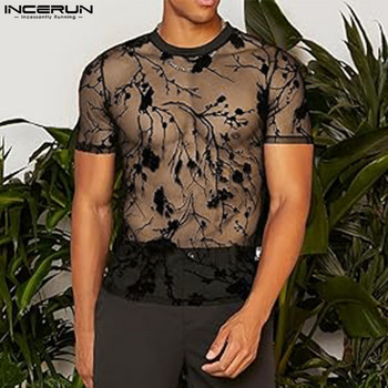 2023 Мъжка тениска с мрежесто раирано О-образно деколте и къс ръкав, прозрачно мъжко облекло, улично облекло, секси корейски модни тениски S-5XL INCERUN