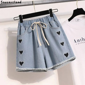 Pantaloni scurți cu margine de lână cu broderie inimă Blugi Pantaloni de vară Cortos Oversize 4xl Pantaloni largi de denim pentru femei Albastru Casual Vaqueros 2023