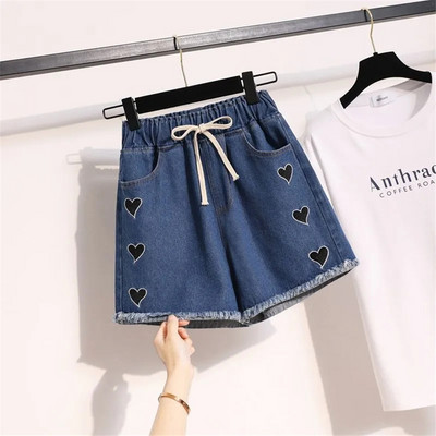 Pantaloni scurți cu margine de lână cu broderie inimă Blugi Pantaloni de vară Cortos Oversize 4xl Pantaloni largi de denim pentru femei Albastru Casual Vaqueros 2023