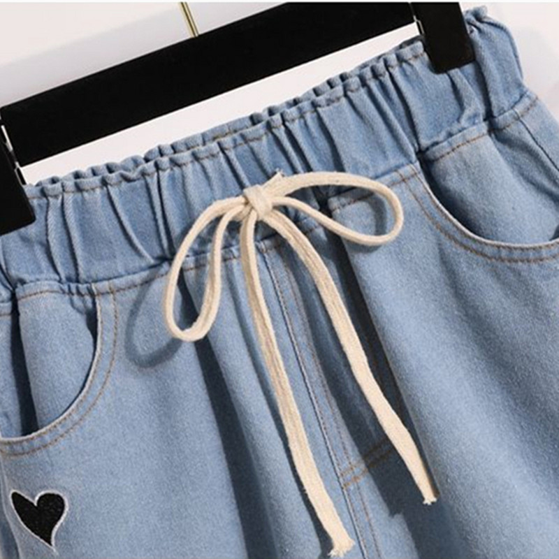 Pantaloni scurți cu margine de lână cu broderie inimă Blugi Pantaloni de vară Cortos Oversize 4xl Pantaloni largi de denim pentru femei Albastru Casual Vaqueros 2023