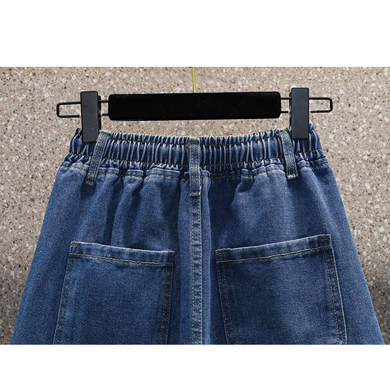 Naiste Korea kõrge vöökohaga vabaaja pingutusnööriga teksapüksid suvised naisterõivad moetaskud.