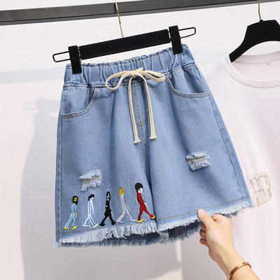 Naiste moe sobivad teksapüksid suvised korea vabaaja tugeva elastse pingutusnööriga laia säärega lühikesed püksid naiste riided