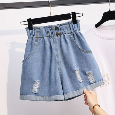 Naiste moe sobivad teksapüksid suvised korea vabaaja tugeva elastse pingutusnööriga laia säärega lühikesed püksid naiste riided