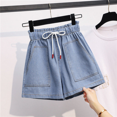 Naiste moe sobivad teksapüksid suvised korea vabaaja tugeva elastse pingutusnööriga laia säärega lühikesed püksid naiste riided