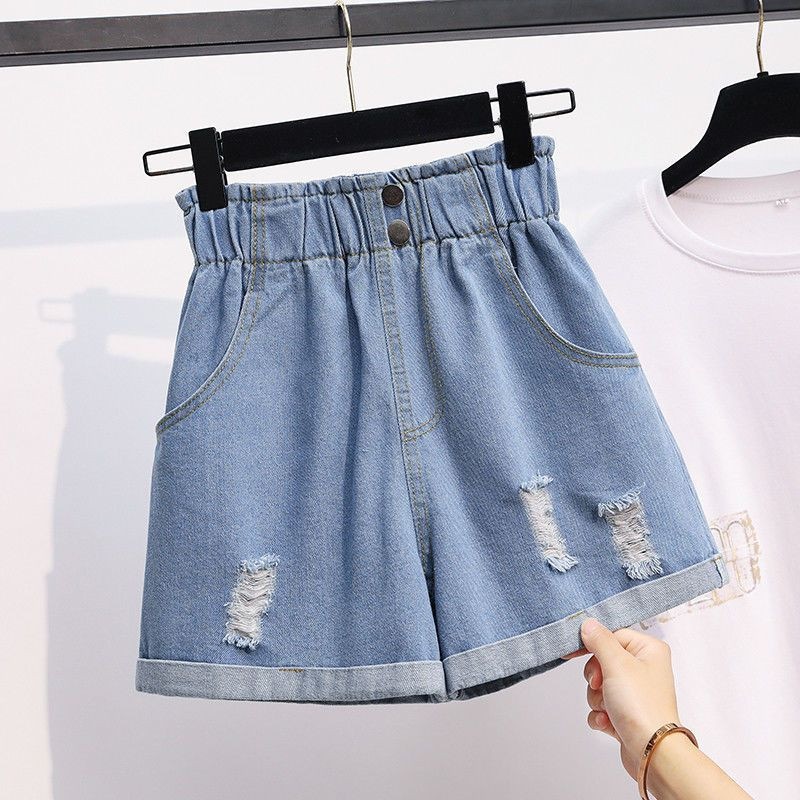 Naiste moe sobivad teksapüksid suvised korea vabaaja tugeva elastse pingutusnööriga laia säärega lühikesed püksid naiste riided