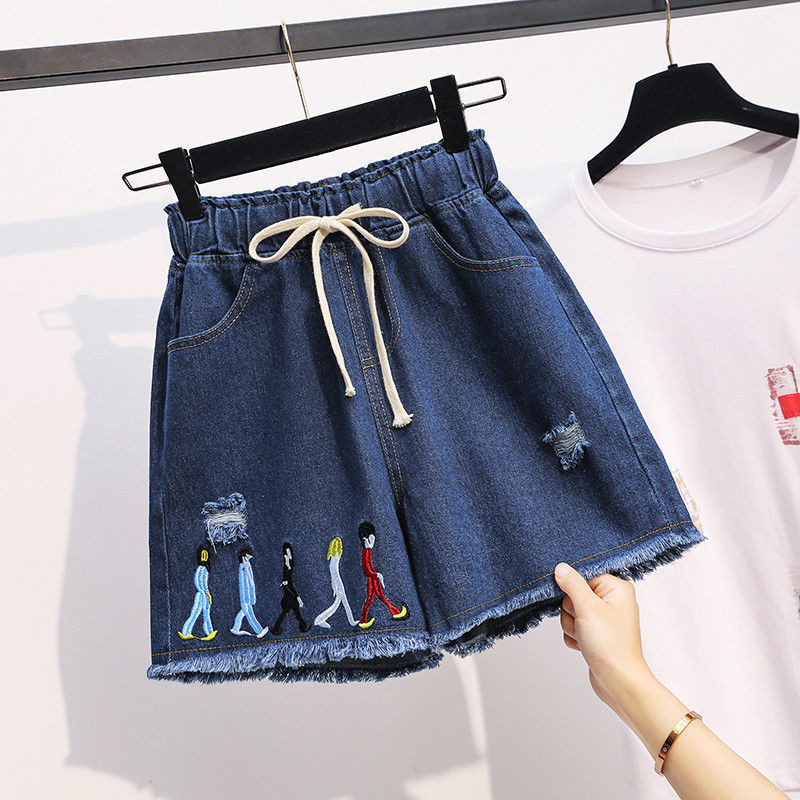 Naiste moe sobivad teksapüksid suvised korea vabaaja tugeva elastse pingutusnööriga laia säärega lühikesed püksid naiste riided