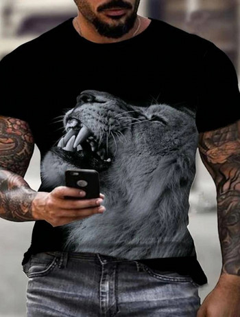 2023 Нова мъжка неутрална по пол тениска с 3D отпечатан лъв с кръгло деколте Ежедневна горна част с къс ръкав Street Wea Men\'st-Shirtoversizedt-Shirt
