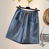 Pantaloni scurți de blugi de modă, broderii pentru femei, cu talie elastică, largi, supradimensionați, capris, pantaloni de mijloc, pantaloni scurți subțiri, tendințe de vară, femei