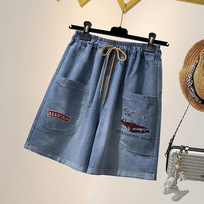 Pantaloni scurți de blugi de modă, broderii pentru femei, cu talie elastică, largi, supradimensionați, capris, pantaloni de mijloc, pantaloni scurți subțiri, tendințe de vară, femei