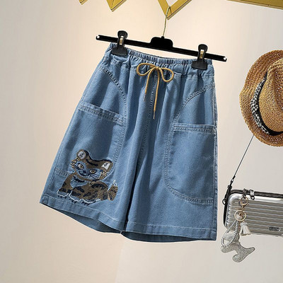 Pantaloni scurți de blugi de modă, broderii pentru femei, cu talie elastică, largi, supradimensionați, capris, pantaloni de mijloc, pantaloni scurți subțiri, tendințe de vară, femei