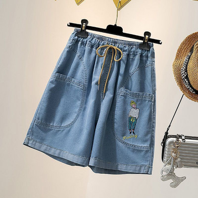 Pantaloni scurți de blugi de modă, broderii pentru femei, cu talie elastică, largi, supradimensionați, capris, pantaloni de mijloc, pantaloni scurți subțiri, tendințe de vară, femei