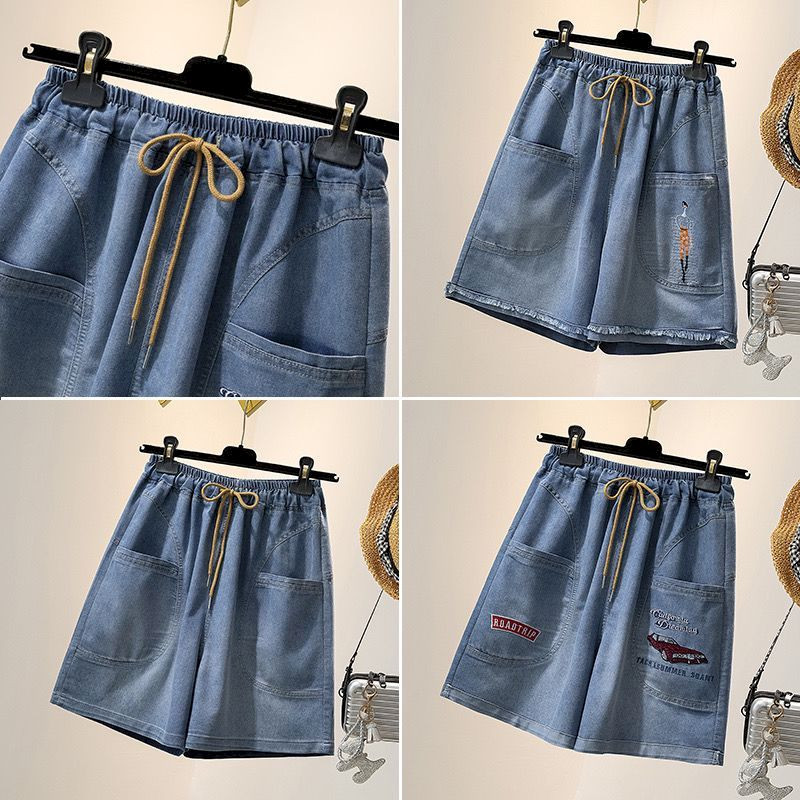 Pantaloni scurți de blugi de modă, broderii pentru femei, cu talie elastică, largi, supradimensionați, capris, pantaloni de mijloc, pantaloni scurți subțiri, tendințe de vară, femei