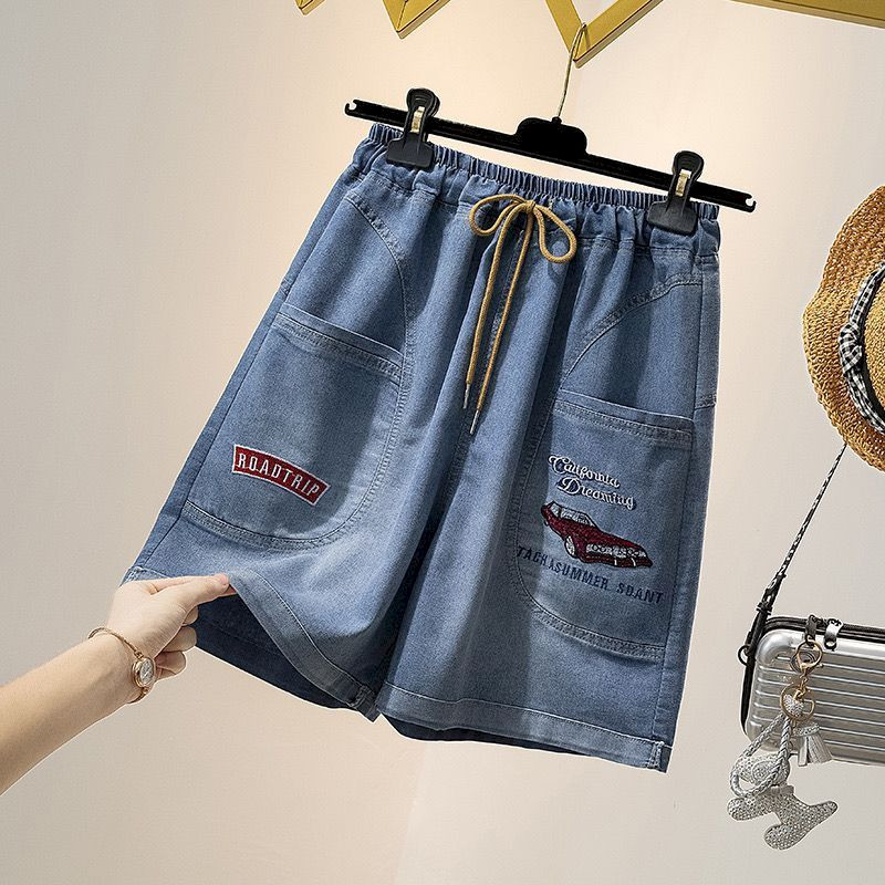 Pantaloni scurți de blugi de modă, broderii pentru femei, cu talie elastică, largi, supradimensionați, capris, pantaloni de mijloc, pantaloni scurți subțiri, tendințe de vară, femei