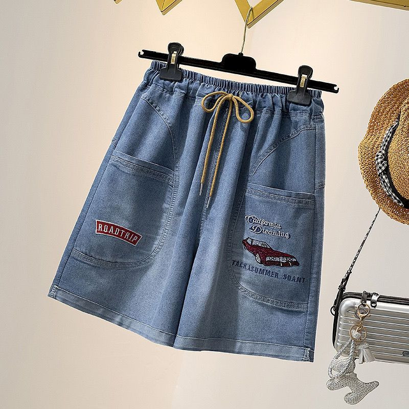 Pantaloni scurți de blugi de modă, broderii pentru femei, cu talie elastică, largi, supradimensionați, capris, pantaloni de mijloc, pantaloni scurți subțiri, tendințe de vară, femei