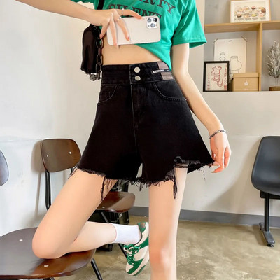 Pantaloni scurți cu talie înaltă, 2 nasturi, cu picioare late, pentru femeie, vintage, cu ciucuri, pantaloni scurți largi din denim, pentru femei, 2024, la modă nouă, pantaloni scurti din blugi sălbatici