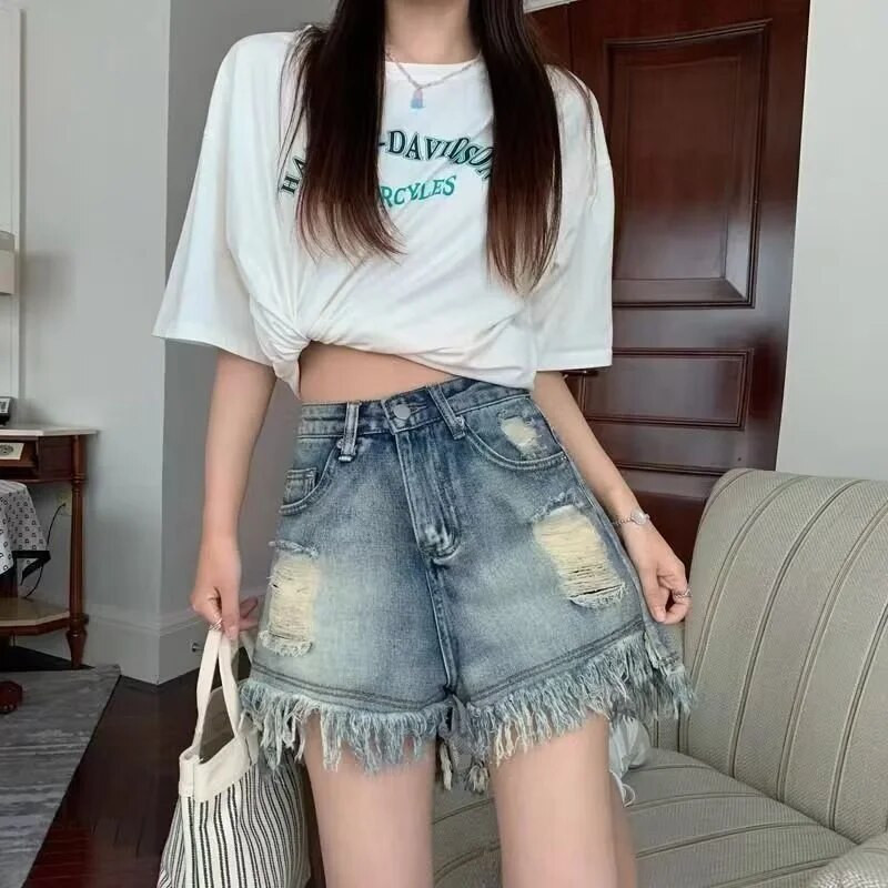 Pantaloni scurți pentru femei cu talie înaltă, design de vară, cu crotch fals, slăbiți, cu etichetă A, îmbrăcăminte în aer liber, pantaloni fierbinți, bumbac, poliester