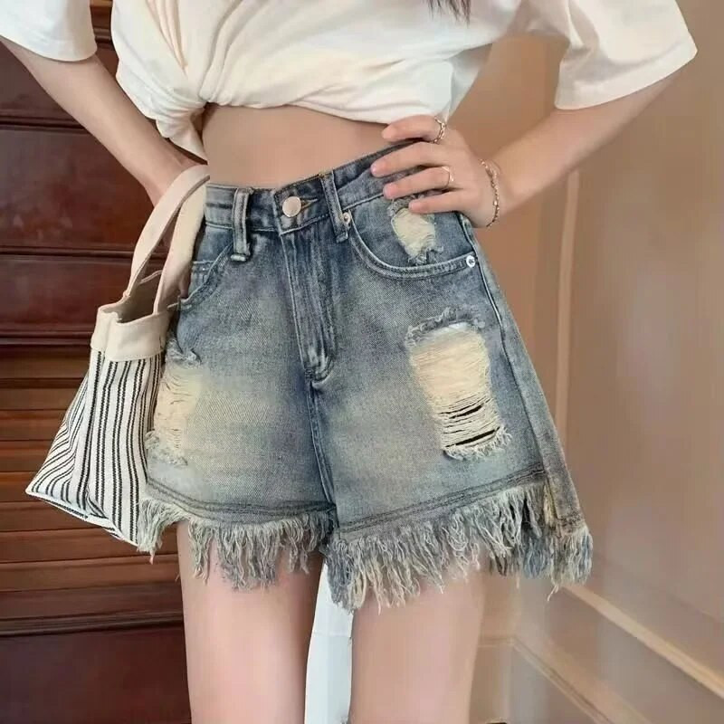 Pantaloni scurți pentru femei cu talie înaltă, design de vară, cu crotch fals, slăbiți, cu etichetă A, îmbrăcăminte în aer liber, pantaloni fierbinți, bumbac, poliester