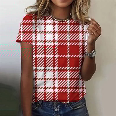 Ruudulise trükiga naiste graafika T-särk Moodne O-kaelusega lühikeste varrukatega T-särgid Naiste vabaaja igapäevane vaba T-särk Y2k riided