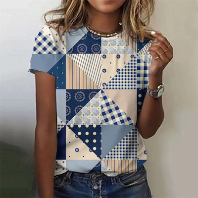 Ruudulise trükiga naiste graafika T-särk Moodne O-kaelusega lühikeste varrukatega T-särgid Naiste vabaaja igapäevane vaba T-särk Y2k riided