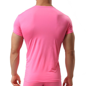 Нови мъжки секси тениски от ледена коприна Едноцветни мъжки тениски с V-образно деколте и къси ръкави Горнища плюс размер S-XXL