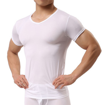 Нови мъжки секси тениски от ледена коприна Едноцветни мъжки тениски с V-образно деколте и къси ръкави Горнища плюс размер S-XXL