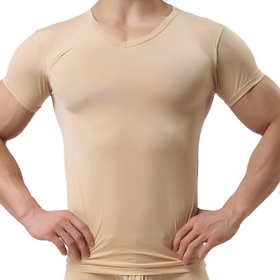 Uued Meeste Seksikad Ice Silk T-särgid Ühevärvilised Meeste V-kaelusega lühikeste varrukatega T-särk Topid Suures suuruses S-XXL