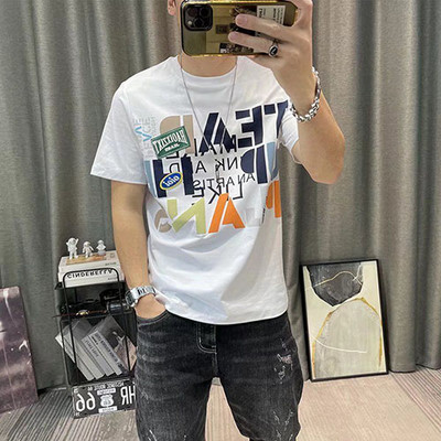 Meeste lühikeste varrukatega puhtast puuvillast 2023. aasta suvi uue moeprindiga Trend All Match Slim Crewneck T-särk