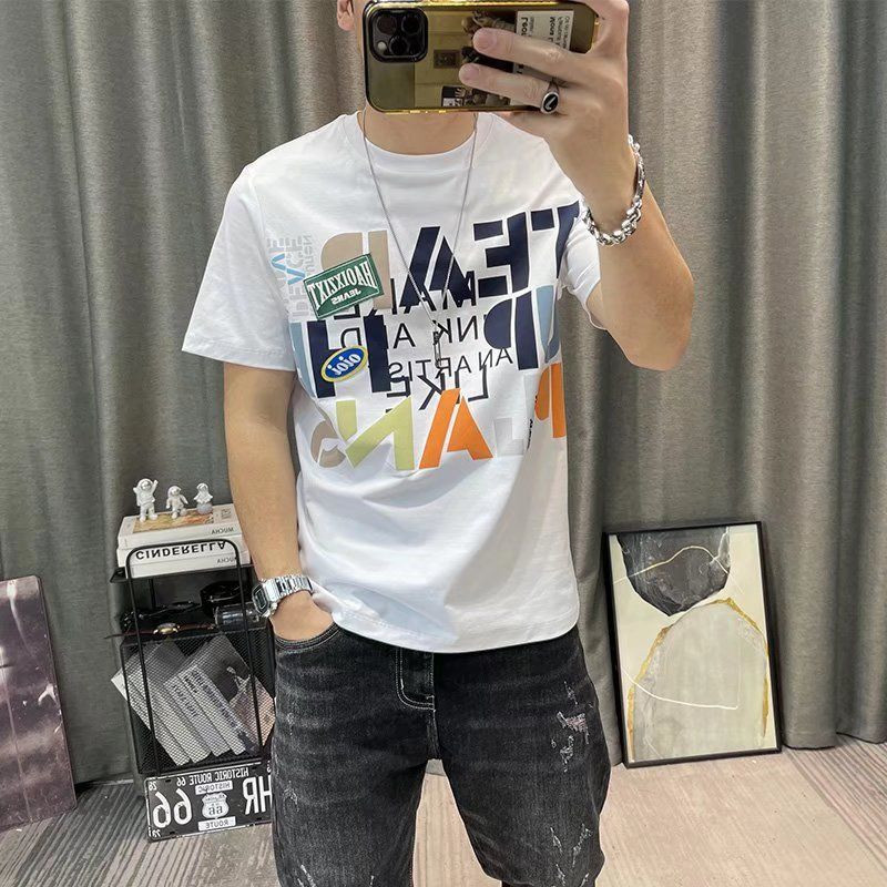 Meeste lühikeste varrukatega puhtast puuvillast 2023. aasta suvi uue moeprindiga Trend All Match Slim Crewneck T-särk