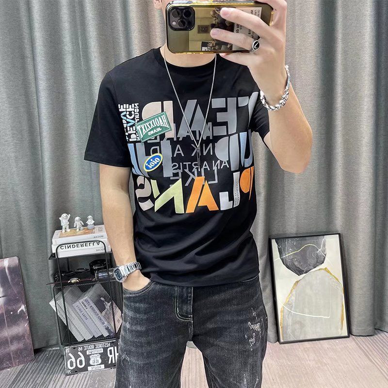 Meeste lühikeste varrukatega puhtast puuvillast 2023. aasta suvi uue moeprindiga Trend All Match Slim Crewneck T-särk