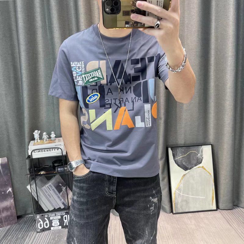 Meeste lühikeste varrukatega puhtast puuvillast 2023. aasta suvi uue moeprindiga Trend All Match Slim Crewneck T-särk